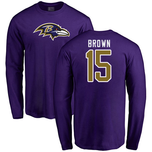 Men Baltimore Ravens Purple Marquise Brown Name and Number Logo NFL Football #15 Long Sleeve T Shirt->nfl t-shirts->Sports Accessory
